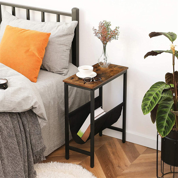 Narrow Side Table Slim Bedside Table With Magazine Holder Sling Skinny Sofa End Table For Small Spaces Metal Frame Easy Assembly Wood Look Accent